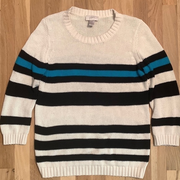𝅺LOFT Cable-knit 3/4 Length Sleeve Sweater Cream/Black/Teal Striped Women’s M - Picture 1 of 8